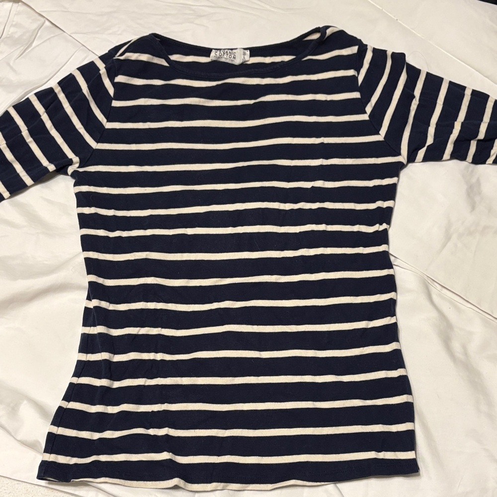 Zara Organic Cotton  Navy and White Striped Long Sleeve Top